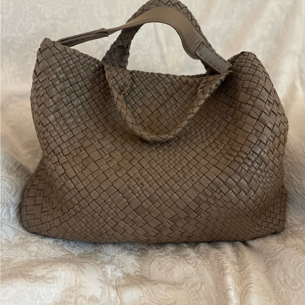 Falor Taupe Leather Weaved Bag